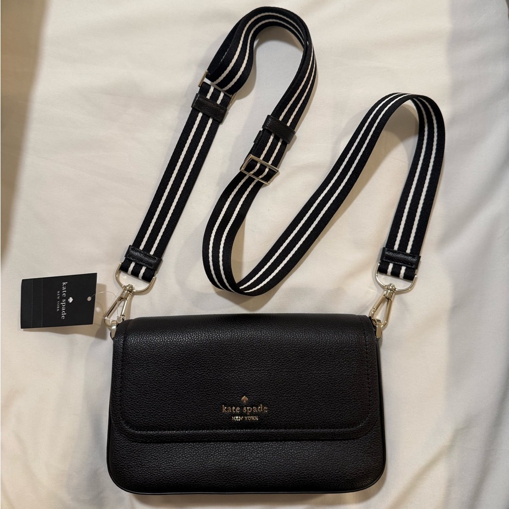 NWT kate spade Black Leather Crossbody with Striped Adjustable Strap